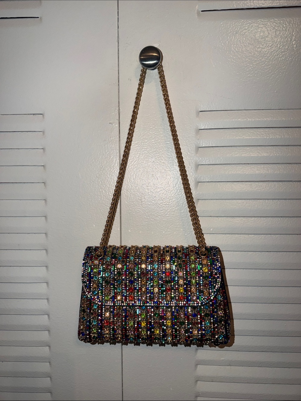 Multicolor Gemstone Shoulder Bag with Gold Chain
